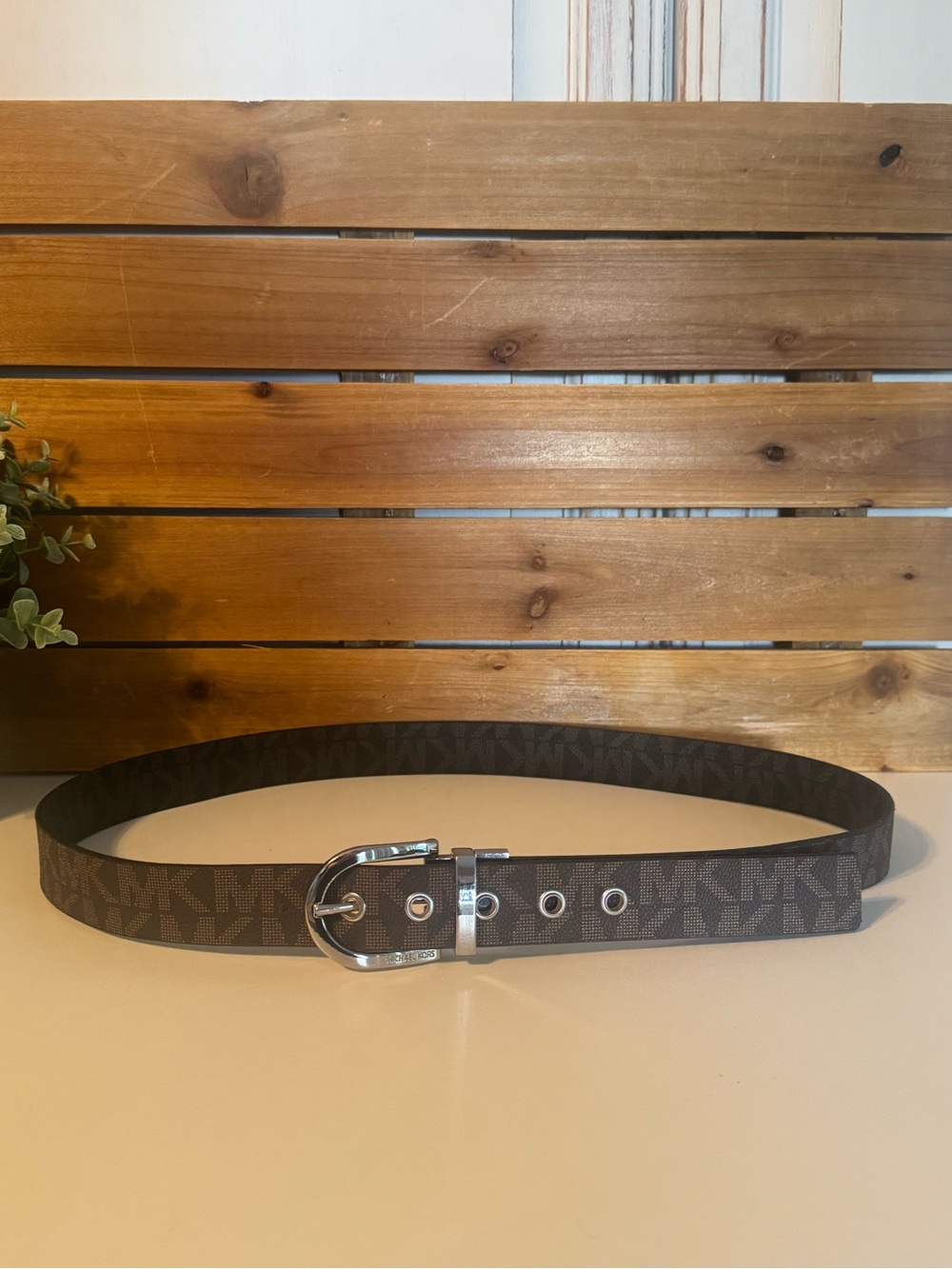 Michael Kors Brown Logo Grommet Belt with Silver-Tone Buckle